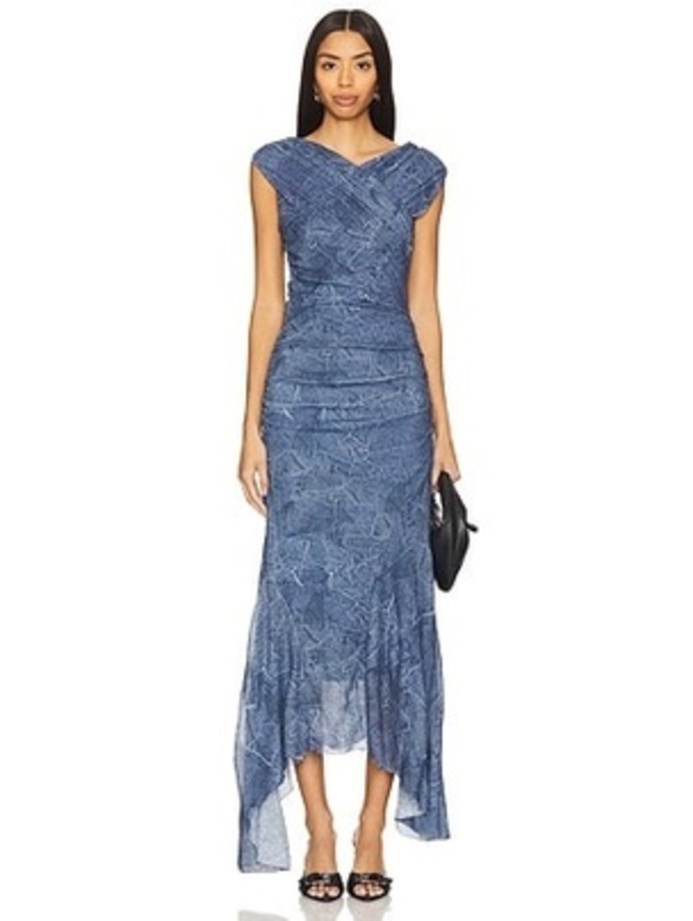 Ganni Marl Mesh Long Ruched Crossover Dress in Denim eu 42, us 10